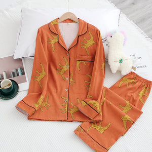 Japanese style ladies 100% cotton suit leopard print long-sleeved trousers pajamas suit